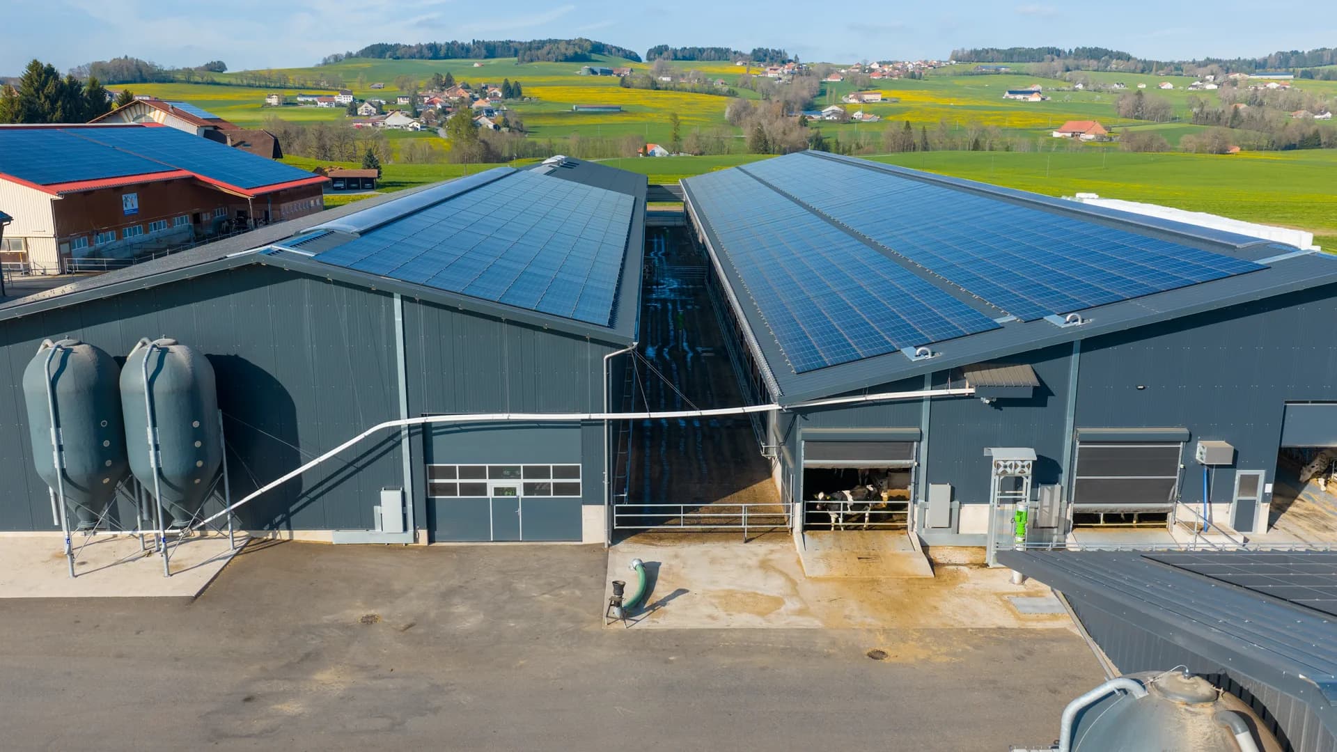 Vue drone du toit de la stabulation et du carrousel