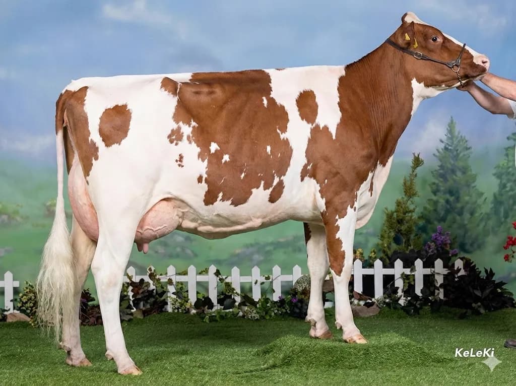 Red Holstein en exposition interieure, fond bleu